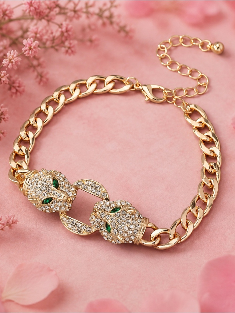 Gold Plated Panther Head Link Bracelet with Green Eye Accents